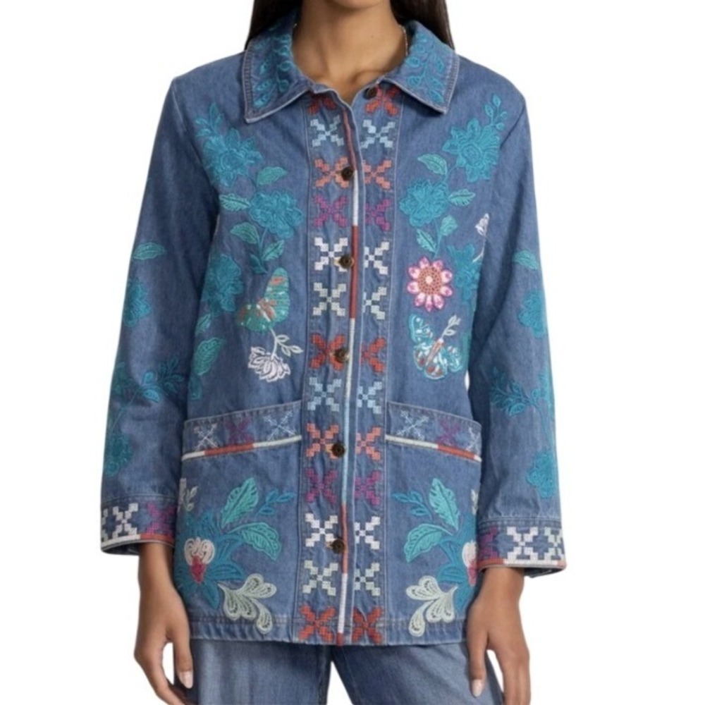 Johnny Was SZ SM Petra long denim worker jacket Embroidered Blue Floral Boho‎